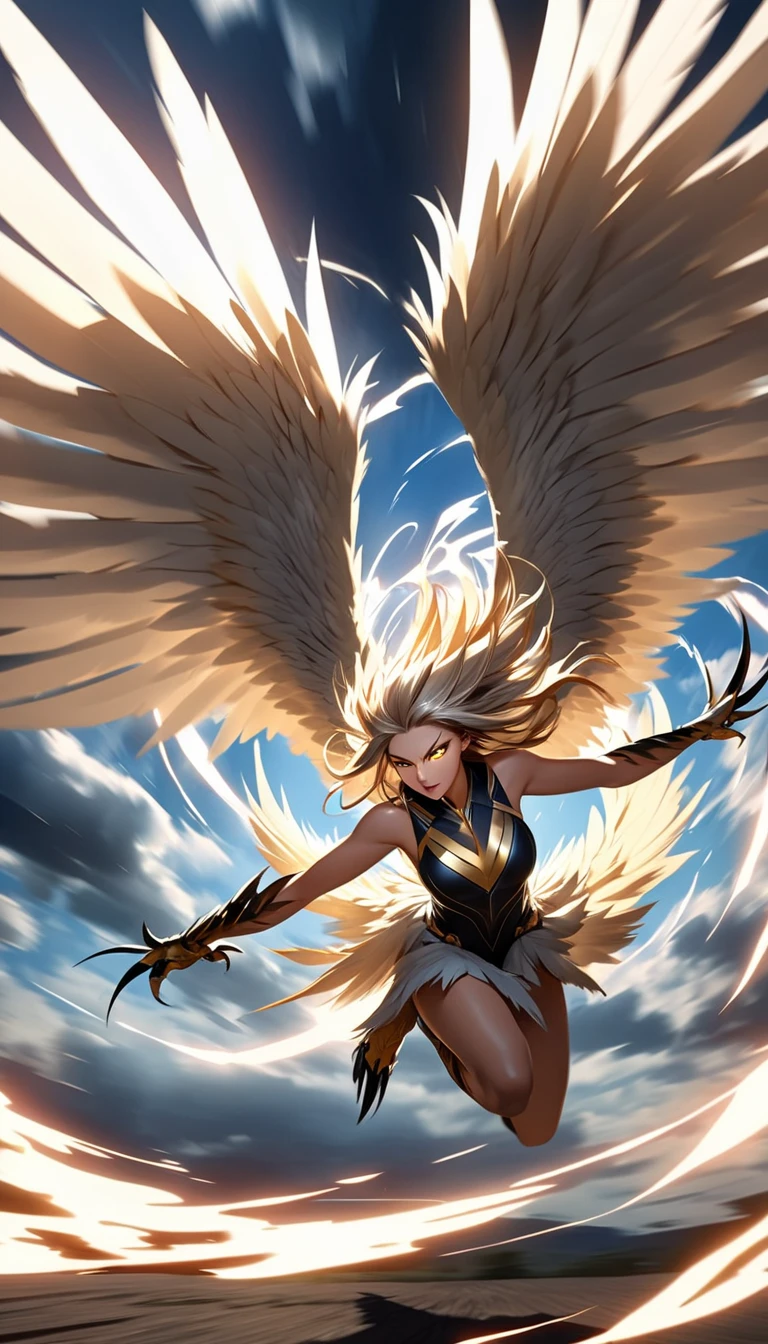 Emphasize how it glides from the sky to the ground, A breathtaking Harpy in mid-dive plummeting from the sky with astonishing speed, Her massive wings are angled sharply back feathers whipping in the wind creating a blur of motion as she streaks toward the ground like a lightning bolt, Her upper body that of a seductive and fierce woman radiates both beauty and danger her hair streaming wildly behind her and her piercing eyes locked onto her target, Her sharp talons are extended ready to strike as the air around her crackles with energy, The background is filled with swirling storm clouds and streaks of sunlight breaking through adding dramatic lighting and emphasizing her intense speed, The wind rush and atmospheric pressure distort the air around her heightening the sense of velocity, The style is hyper-detailed capturing every motion blur ripple and shadow to convey raw power and grace, UHD, masterpiece