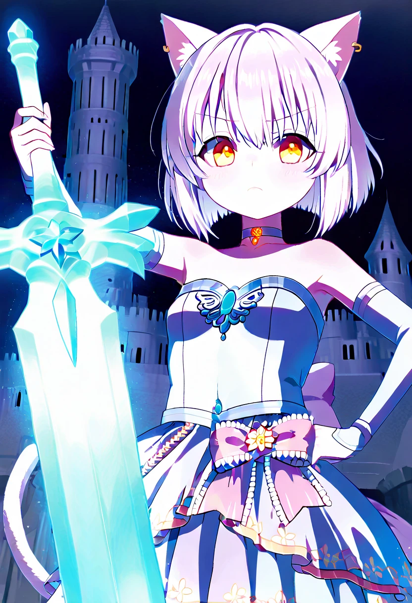  top quality 、 1 、 slender body、 small breasts、 cat ears and tail 、 pale purple short bob 、 pale light blue choker on her neck、Light blue armor、crystal sword、 fantasy world where you can gaze at planets、castle town、girl with a serious expression 