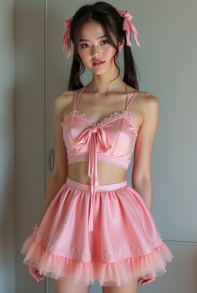 ((masterpiece)),(((Highest quality))),Thin thighs,Long legs,whole body:1.5,(One Girl:1.3),(Thick pointy high heels:1.3),(Wearing a pink lace bra:1.2),Wearing a cute peach-colored flared mini skirt:1.5,Short Blonde:1.2、Standing with legs apart:1.5,Arms raised:1.5,