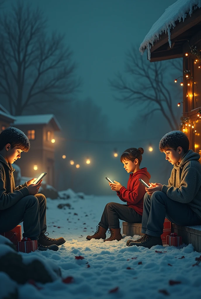 In winter a boy is using his phone and girl secretly watching him