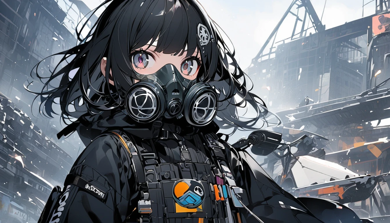 cute girl, (cute girl is wearing a black hoodie robe, gasmask:1.5), (masterpiece, best quality, highly detailed, ultra detailed, absurdres:1.3), (1girl, cute, charming, detailed beautiful face:1.3), (fantastic illustration, beautiful detail, best quality, top quality, high quality,  fain touch outline:1.3), watercolor, clear, beautiful detail, (background Apocalypse world, ruins:1.5), beautiful detail