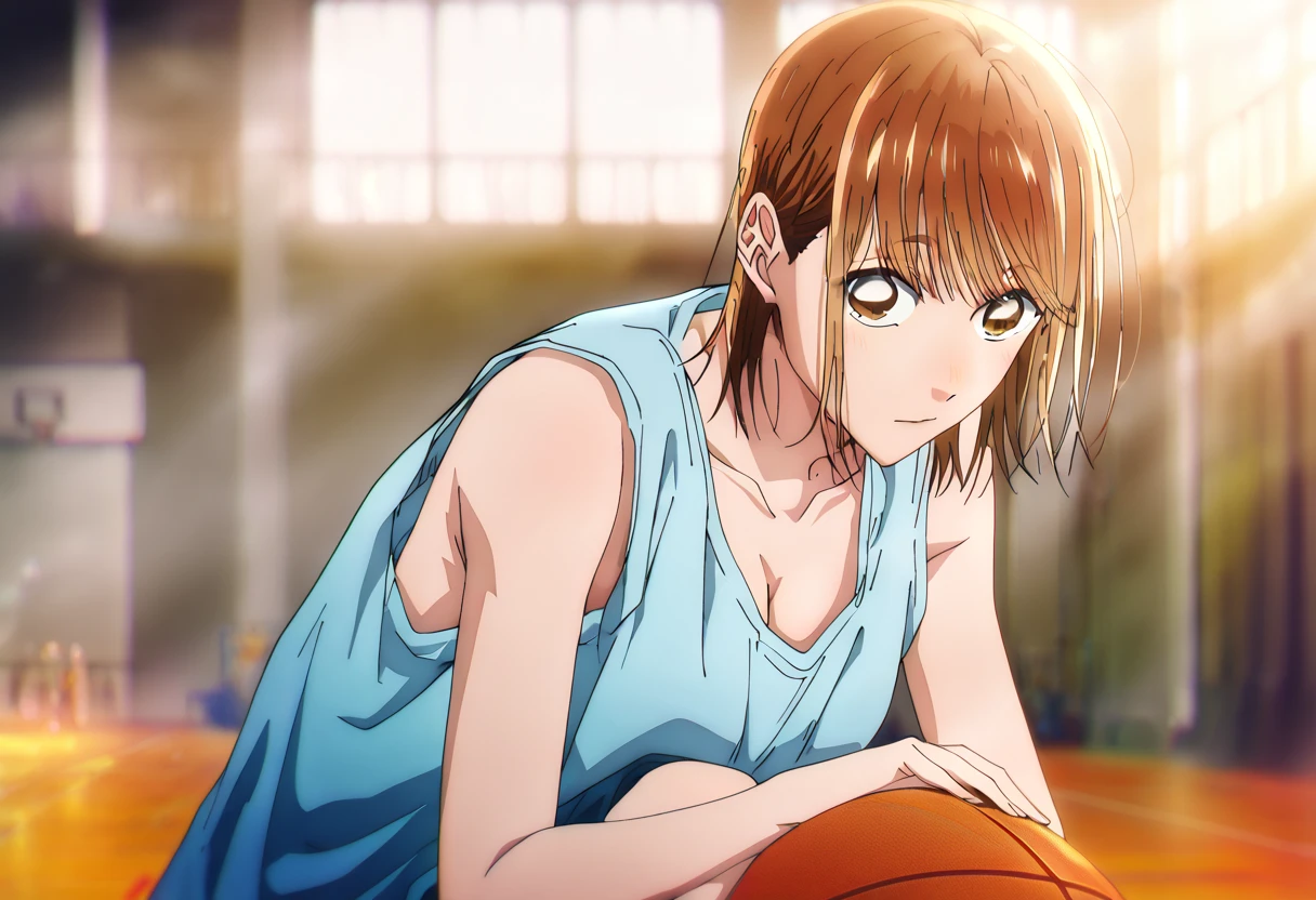    1 girl, Alone, Chinatsu,    Blurry Background,    brown eyes、    basketball uniform with a basketball in one hand 、    tank top、Bibs、 Inside is black 、naked 、 big 、    chest supported by large areolas  、   lean forward  、   place your hands on your knees、   small 、belly button、Gym、    Basketball Only   、 watching viewers against a tropical island in the background, masterpiece,  top quality,    High Quality  ,       very aesthetic   ,    absurd、(    Basketball Only   、  dribble、Move)、execution、  hopeless、   sweated、In motion、basketball ring   