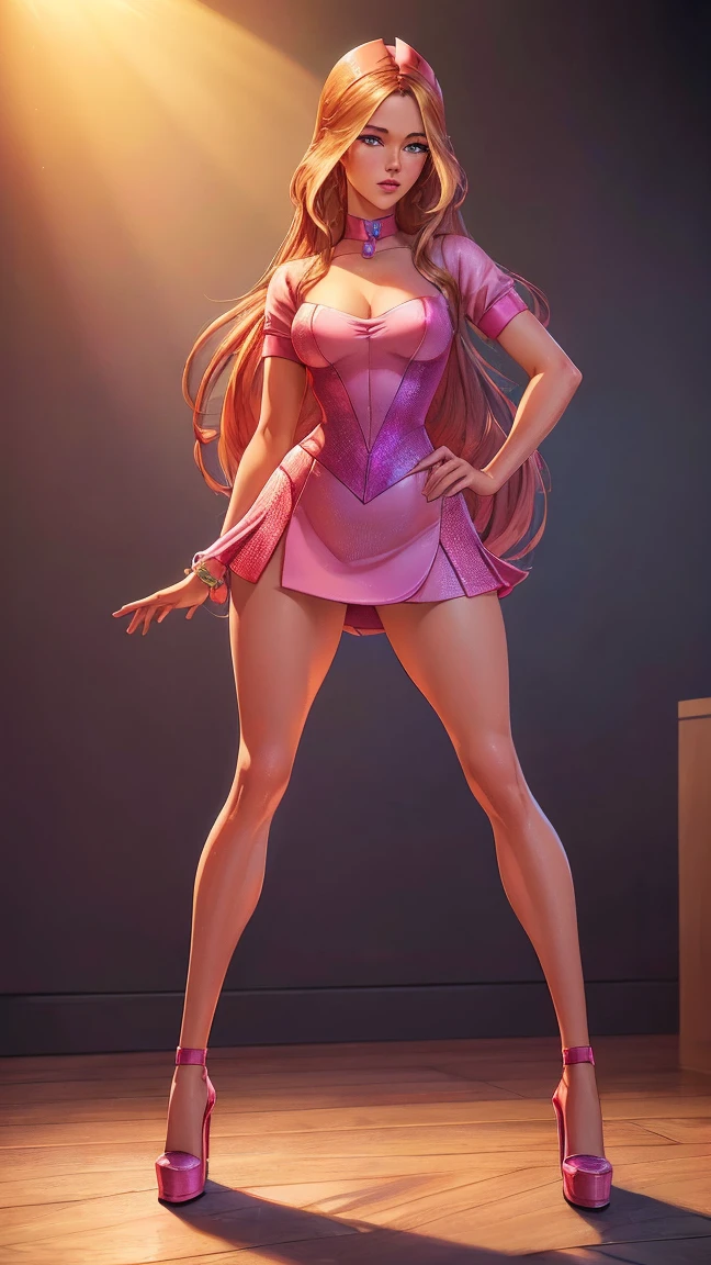 a beautiful detailed girl in winx club nurse outfit, mini skirt, high heels, full body standing pose, thick thighs, defined legs, slim waist, deep neckline, (best quality,4k,8k,highres,masterpiece:1.2),ultra-detailed,(realistic,photorealistic,photo-realistic:1.37),vivid colors,studio lighting,professional