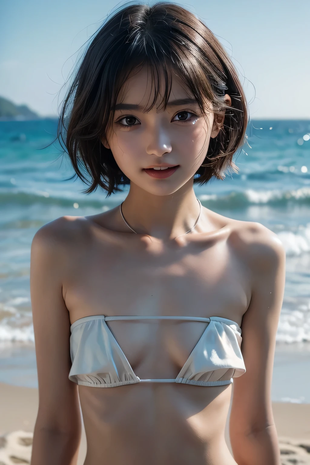 ((nsfw: 1.4)), ((nsfw, bandeau bikini, underboobs:1.8 ，beach, bony body,  extra short hair, sidelocks-hair, smile, 1 girl)), ultra high resolution, (real: 1.4), RAW photo, highest quality, (photorealistic), focus ,Soft light,(()),((Japanese)),(((Young face))),(Surface),(Depth of field),Masterpiece,(Photoreal),Woman,Bangs,( (1 girl)、