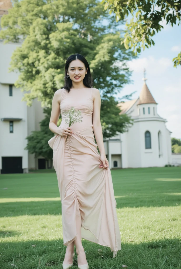  Full Body Shot from the Front 、((mini skirt wedding dress)),  feet ,  Slender Naked Legs  、smile、 short hair、Pregnant Woman's Stomach 

