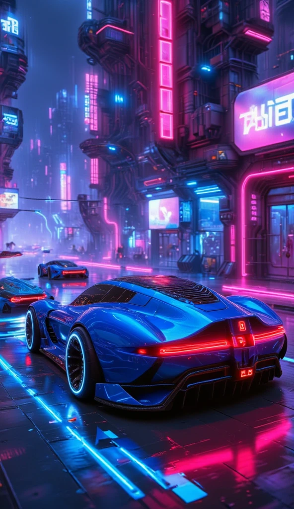 cyberpunk、masterpiece、 anatomically correct on white grass、 top quality 、 high detail、Neon Buildings、 Fairlady Zs30 、Blue Devil's Z 、 Custom 、 Wide Wheels 、Lowdown 、 Detailed Blister Fenders、 Full Smoke 、 side angle、Right beside、Full car view 、