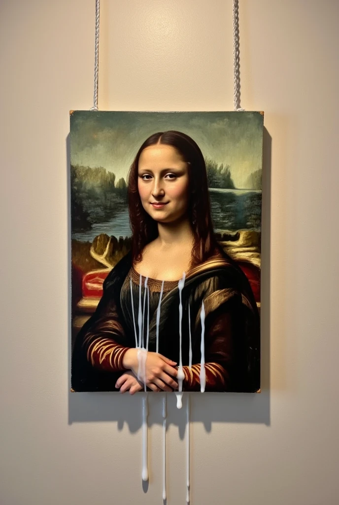 A painting of Mona Lisa hanging on wall, white sticky fluid splashed on painting 