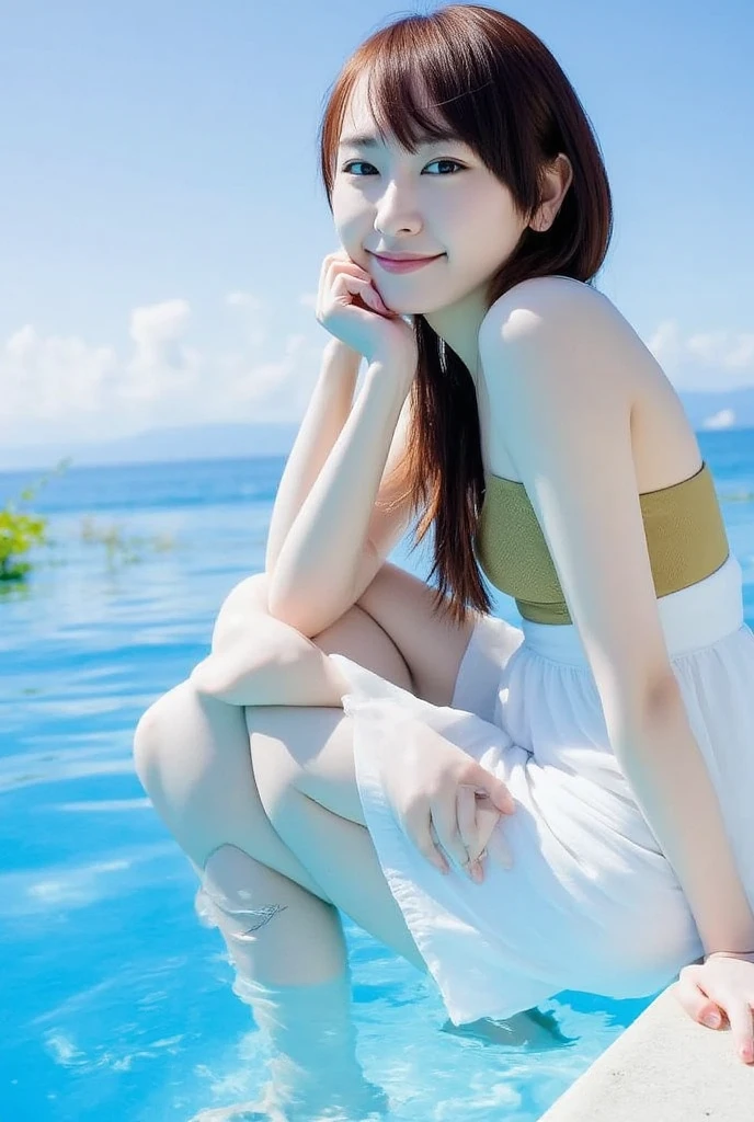 The images are very detailed and、 so incredibly high resolution 、It gives the illusion of reality . photo of adult japanese woman,  beautiful and charming , Filmed by the pool.  her face is clearly reflected ,  and she is staring at the viewer with a warm and gentle smile .  her white skin shines in the sun ,  her The ,  medium  that can use magic.  her long dark hair cascading down gracefully around her shoulders ,  enhance her beauty .  she's facing straight to the camera , Sunbathing.  The composition emphasizes that only her upper body is visible ,  above the knee,  background emphasizes a slender figure and a thin waist, and a calm pool and bright blue sky create a relaxed atmosphere.,(micro bikini:2.0), (open your legs, panty:1.5)