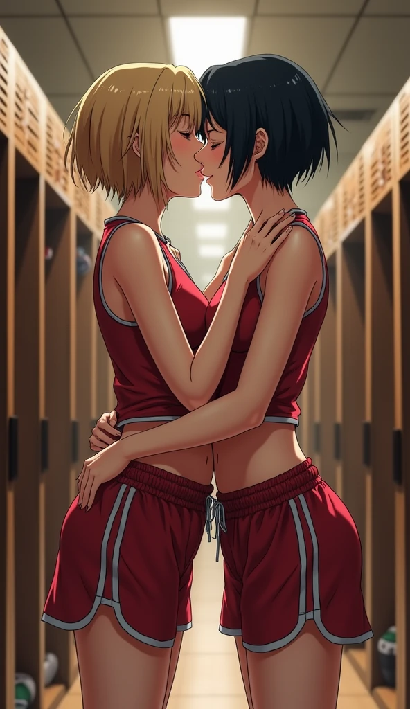 Two women having fun on the tennis court, lewd: 1,2, hentai: 1,2, NSFW: 1,2, lesbian micah: 1,2, grabbing each other's ass, kissing, blushing, wet sleeveless t-shirt, shorts, anatomically correct