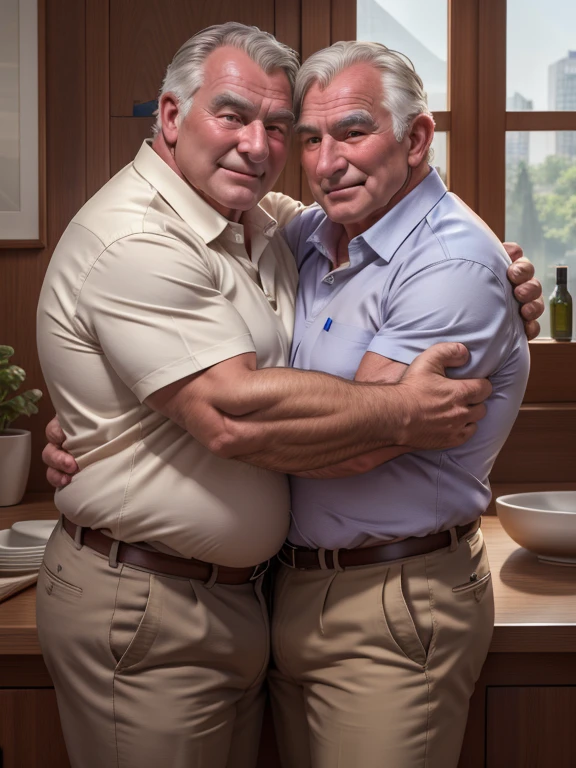 Gained weight70 --old and a strong 80Talented men are hugging each other。 white open collared shirts 。Brown chinos 。The arms of the two are depicted independently。two arms don't merge 。 anatomically accurate human body。Precise depiction。 highest resolution。Maximum number of pixels。 Best Picture Quality 。 hyperreal。 photorealistic 。