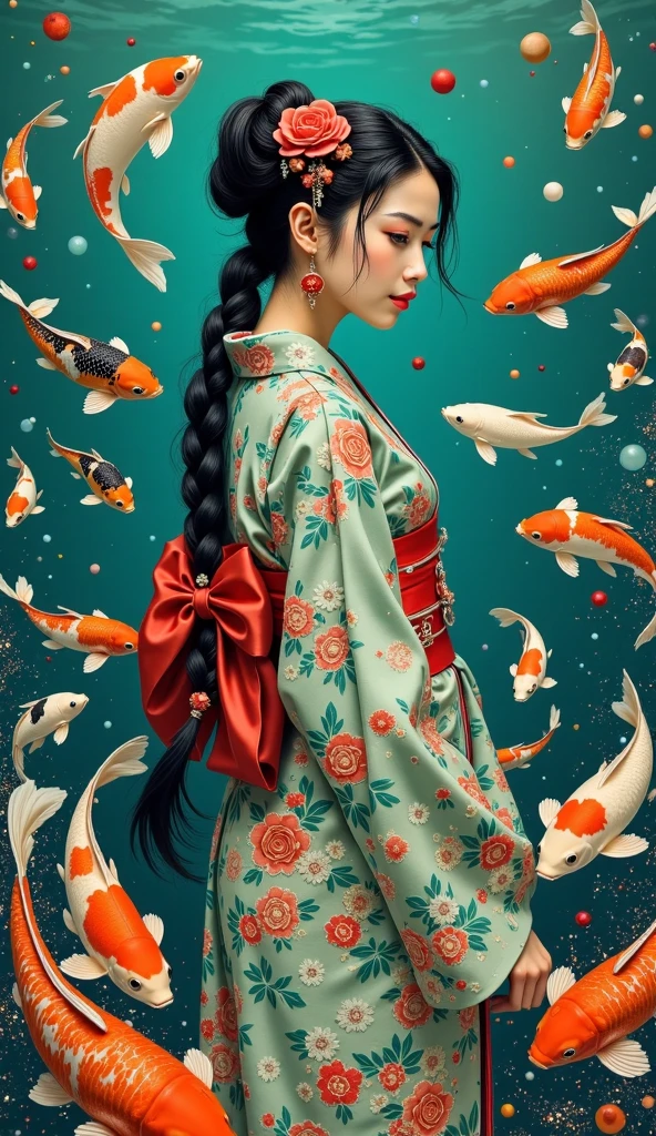 Full body image of  A young woman in a vibrant, traditional Japanese kimono with a bold red sash, her long, dark hair styled in a mesmerizing braid adorned with a delicate red flower accessory, stands tall amidst a surreal underwater scene, surrounded by a school of colorful koi fish in shades of orange, white, and black, their gentle movements creating a dreamlike atmosphere. Her kimono features a stunning floral pattern in shades of green, blue, and white, accentuated by the bold red sash around her waist, drawing the viewer's attention to the intricate details of her attire. The background is a deep blue-green, with splatters of color adding a sense of movement and energy to the scene, reminiscent of the works of Takashi Murakami, with the bold, vibrant colors and blending of traditional and surreal elements, combined with the ethereal quality of a Hayao Miyazaki film, and the intricate, detailed style of a Yoshitaka Amano illustration.