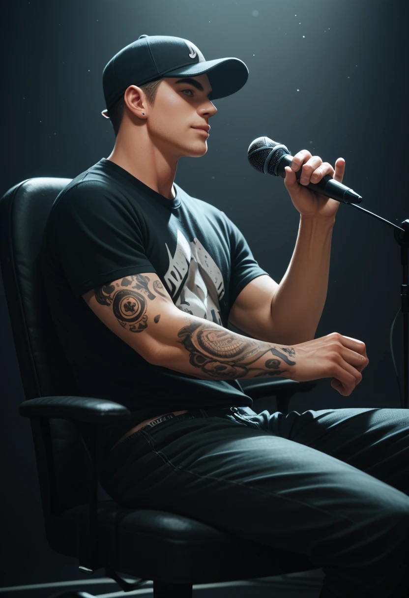 1boy, black baseball cap, handsome boy, plain black t-shirt, sit on a chair, hand tattoo, music studio background, microphone, solo vocalist