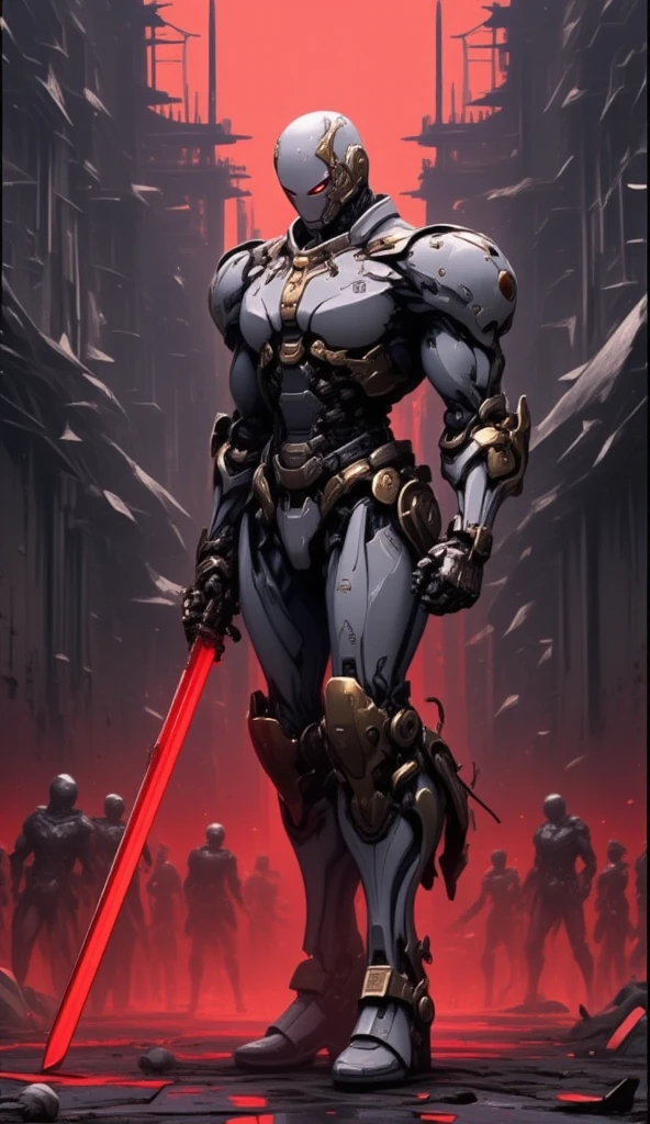 A full-body mechanized image of an adult male, possessed by a demon and serving as a holy knight commander. His robotic, muscle-developed body is clad in sacred white gold holy knight armor with deep red glowing eyes. He boldly stands in a mysterious black and red mechanical church, surrounded by countless knight followers. The composition emphasizes his majestic presence, with striking lighting casting dramatic shadows that highlight his armor and the eerie, cyberpunk atmosphere of the church. The scene blends mechanic robot, future mechanism, and cyberpunk elements, with a dark red glow intensifying the demonic aura.Big crotch bag.Clear crotch.crotch armor,mechanx.full-body picture.whole body image,nrkmp robot with metallic skin,cyborg