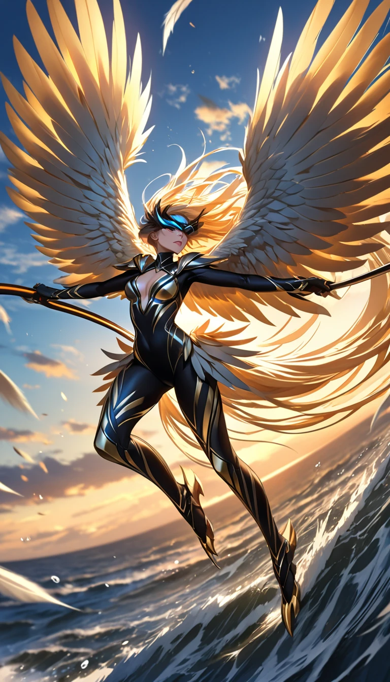 A majestic Harpy plunging headfirst from the heavens toward the earth her body streamlined for an intense dive, Her powerful wings are folded tightly against her back to maximize speed with individual feathers rippling under the pressure of the wind, Her sharp predatory gaze is locked downward and her flowing hair whips chaotically in the rushing air, The talons of her bird-like lower body are fully extended glowing faintly as they prepare to strike, The background features a vast expansive sky transitioning from deep blue above to golden hues near the horizon with scattered clouds streaking by to emphasize her blinding velocity, The air around her appears distorted creating trails of motion blur and shockwave ripples that enhance the sensation of rapid descent, The style is vivid and dramatic capturing both the elegance of her form and the overwhelming power of her headlong dive, UHD, masterpiece