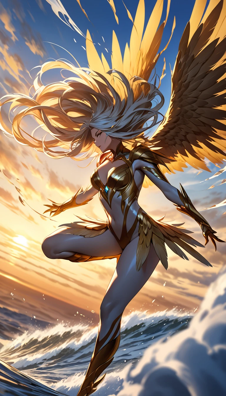 A majestic Harpy plunging headfirst from the heavens toward the earth her body streamlined for an intense dive, Her powerful wings are folded tightly against her back to maximize speed with individual feathers rippling under the pressure of the wind, Her sharp predatory gaze is locked downward and her flowing hair whips chaotically in the rushing air, The talons of her bird-like lower body are fully extended glowing faintly as they prepare to strike, The background features a vast expansive sky transitioning from deep blue above to golden hues near the horizon with scattered clouds streaking by to emphasize her blinding velocity, The air around her appears distorted creating trails of motion blur and shockwave ripples that enhance the sensation of rapid descent, The style is vivid and dramatic capturing both the elegance of her form and the overwhelming power of her headlong dive, UHD, masterpiece