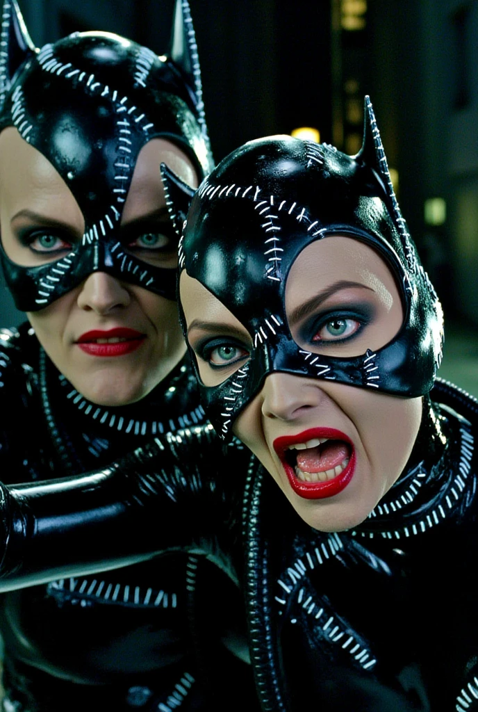 Close-up of two figures, likely from a movie poster or promotional material. 

Sex from behind 
Catwoman, is in the foreground and center. She is seen from the chest up with her mouth open in a shout or cry,  with water dripping from her face and hair. Her eyes are closed, and she has a dramatic expression.  Her skin appears wet and glistening.

batman, is partially visible behind and overlapping the woman's body. His face and upper chest are visible. He has a strong jawline Water droplets are also present on his face and are visible in the background.  He exhibits an intense expression and has tattoos or markings on his face. 


The overall image quality reveals some lighting effects and strong contrast, contributing to a dramatic visual atmosphere.  The image might be from a movie poster for a superhero-themed film. The composition, posing, and the evident water create a sense of drama and tension, suggesting perhaps a conflict situation between the characters. (((Looking at viewer)))