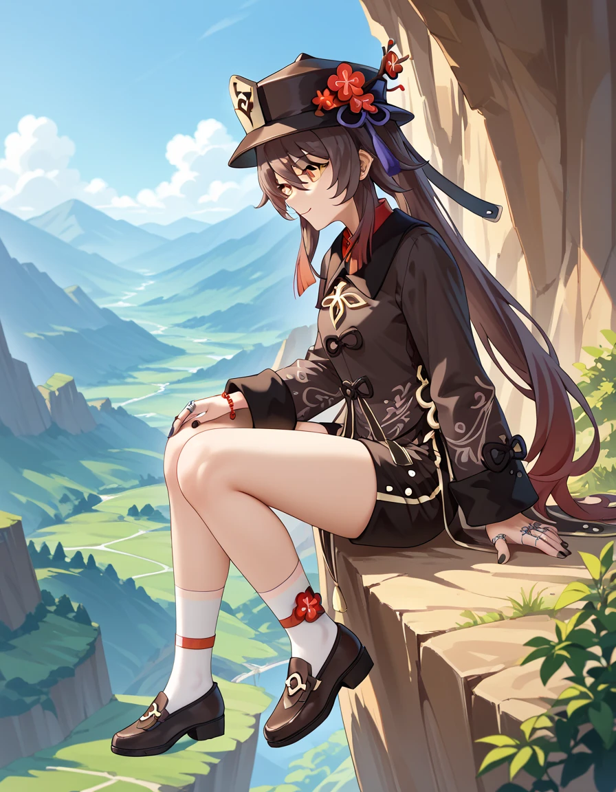 score_9, score_8_up, score_7_up, hu tao,official_costume,sitting on the verge off the cliff,valley
