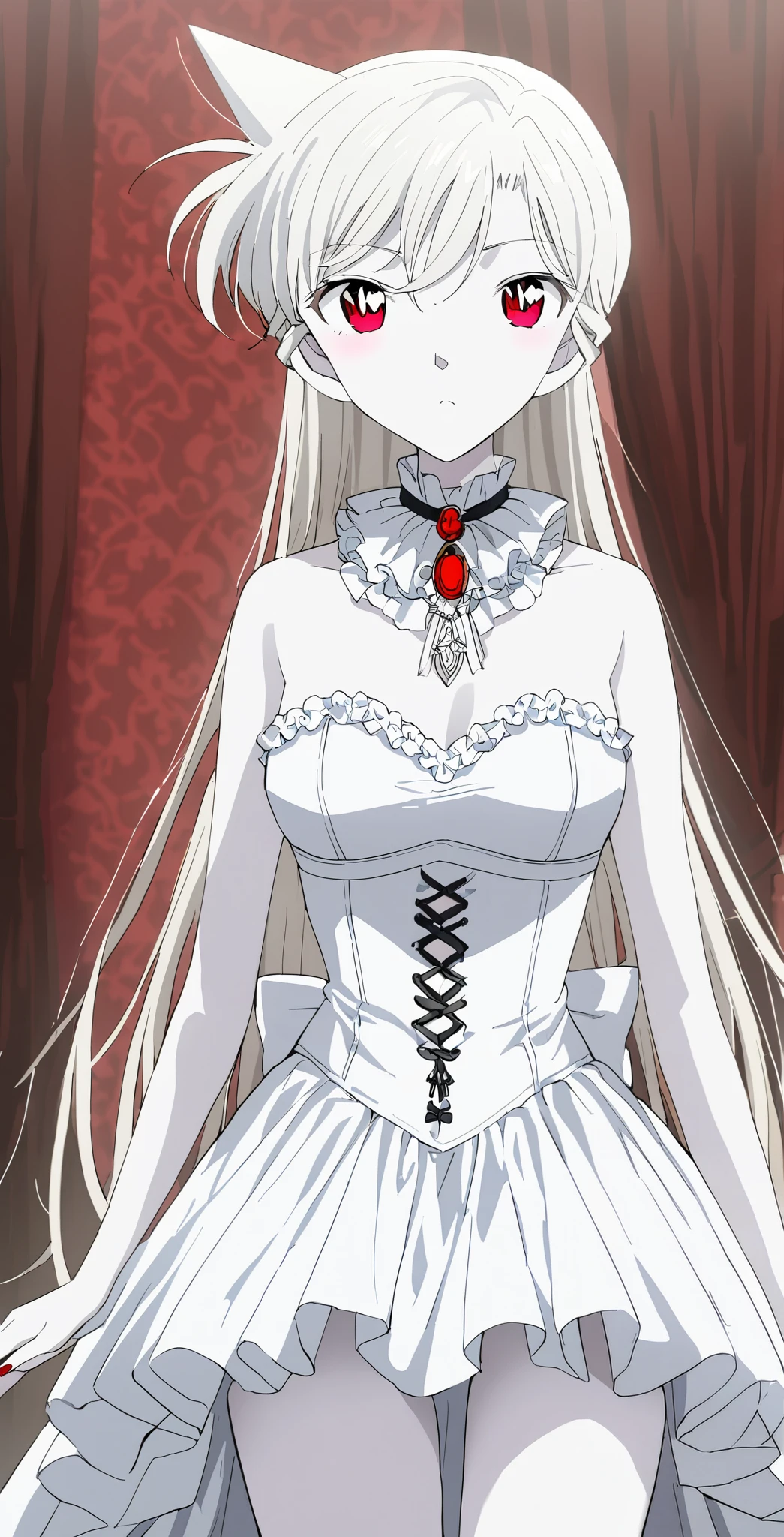 1 Girl、 red eyes、The hairstyle is Mouri Ran 、Fangs growing、vampire、vampire化毛利蘭、 College Student 、, pure white, pale skin 、 pure white hair、WINDIC DRESS、Bride attire、 160〜Over 170 cm、vampire学園の生徒、Red nails、Slightly pointed nails 、 slightly larger boobs 、Pale white skin、 Smooth Hair 、、 very big body 、 pure white hairの毛、青White Hairの毛、White Hair、
