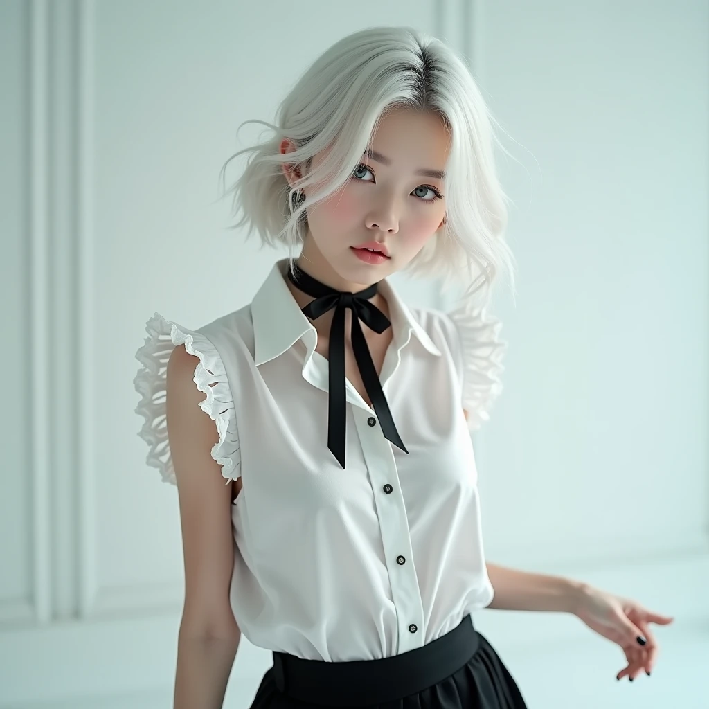 rebellious,Dramatic,Girls, Full body portrait,White hair, Long hair, Large Breasts, Cat hair ornaments, Side lock, White hair, Shiny hair, , (Delicate eyes: 1.2), (There are two long triangle extensions on the skirt, Abdominal vest), White buttons for vest corset, (Wear a short-sleeved striped shirt under the vest), (The sleeves end close to the arms), (There is a thick black ribbon around the neck), ( Magenta skirt),( Beautiful long legs:1.2),