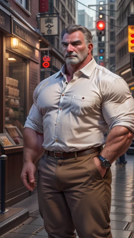 Gained weight７０Talented strong man 。 white open collared shirts 。 brown chinos。Precise depiction。 highest resolution。Maximum number of pixels。 Best Picture Quality 。 hyperreal。 photorealistic 。