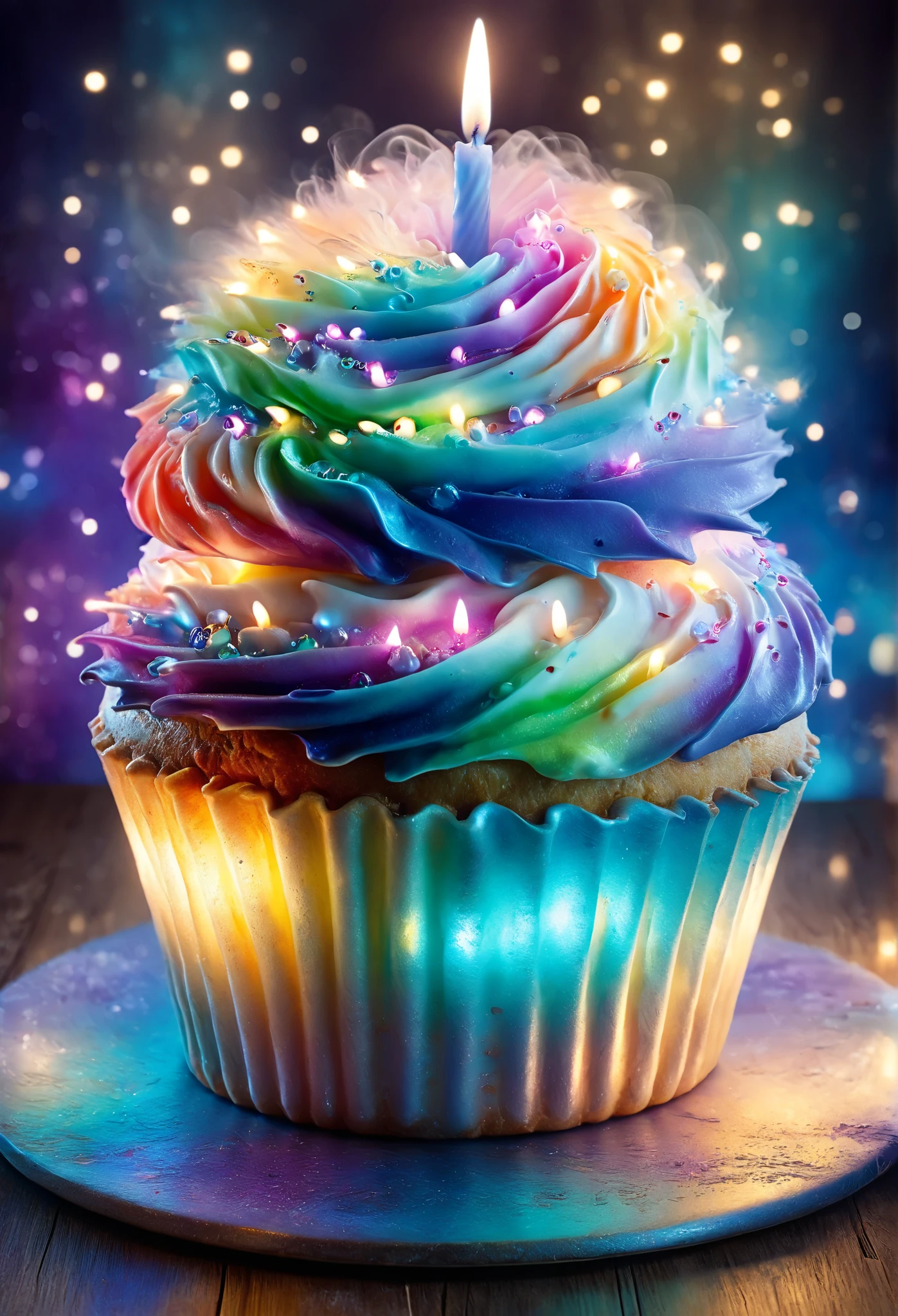 Close-up of a fluffy cupcake with icing creamy and soft, decorated with a burning candle on top . The cupcake is placed on an elegant and simple surface , with vivid and realistic colors. The background is subtly blurred , creating a warm and festive atmosphere , perfect for a birthday celebration . The soft light highlights the details of the icing , making it look appetizing and full of life . The candle shines softly , adding a touch of magic and joy to the scene .