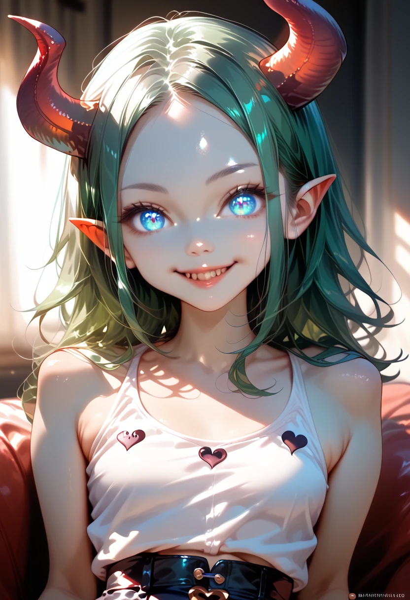 masterpiece, high definition , top quality ,8k (((toddler body,Young,cute body,small))) ((Realism))
(Young,succubus,small breasts,skinny,gray skin, blue eyes,glowing eyes, green hair,waist-length hair,parted bang)
smile