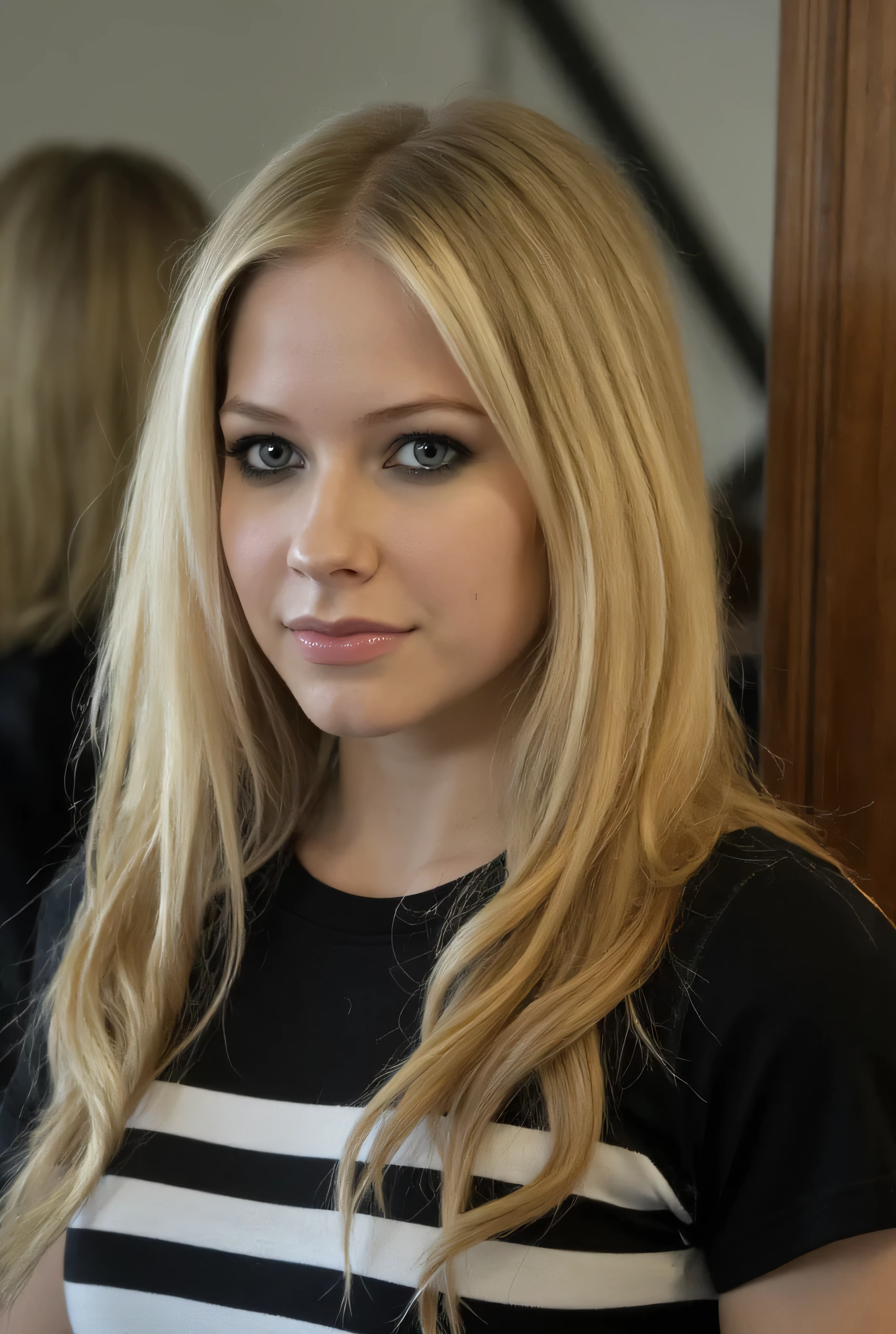 This photograph captures avril_lavigne with striking features and long, voluminous blonde hair styled in loose, wavy curls. She has fair skin and grey-blue eyes accentuated by subtle makeup. Her expression is neutral, with a slight hint of seriousness, and she gazes directly at the camera. She is dressed in a black, short-sleeved top with horizontal black and white stripes, which contrasts sharply with her blonde hair. The photograph is taken indoors, likely in a room with a wooden panelled wall on the right side, and a reflective surface on the left, possibly a mirror or glass panel, which adds depth to the image. The lighting is soft, highlighting her delicate features and the texture of her hair. The background is blurred, focusing attention on the subject. The overall mood of the image is introspective and somewhat melancholic, with a hint of youthful defiance in her expression.