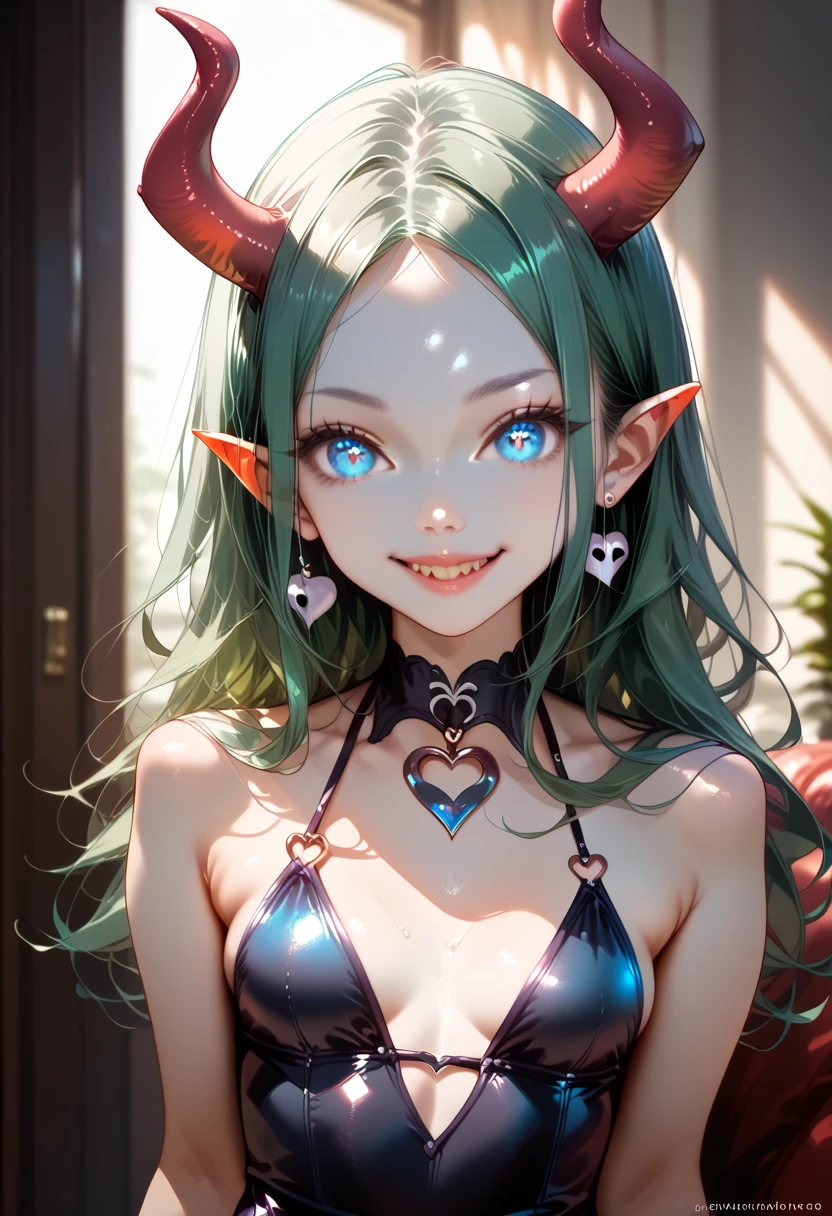 masterpiece, high definition , top quality ,8k (((toddler body,Young,cute body,small))) ((Realism))
(Young,succubus,small breasts,skinny,gray skin, blue eyes,glowing eyes, green hair,waist-length hair,parted bang)(succubus costume)Standing posture
smile 