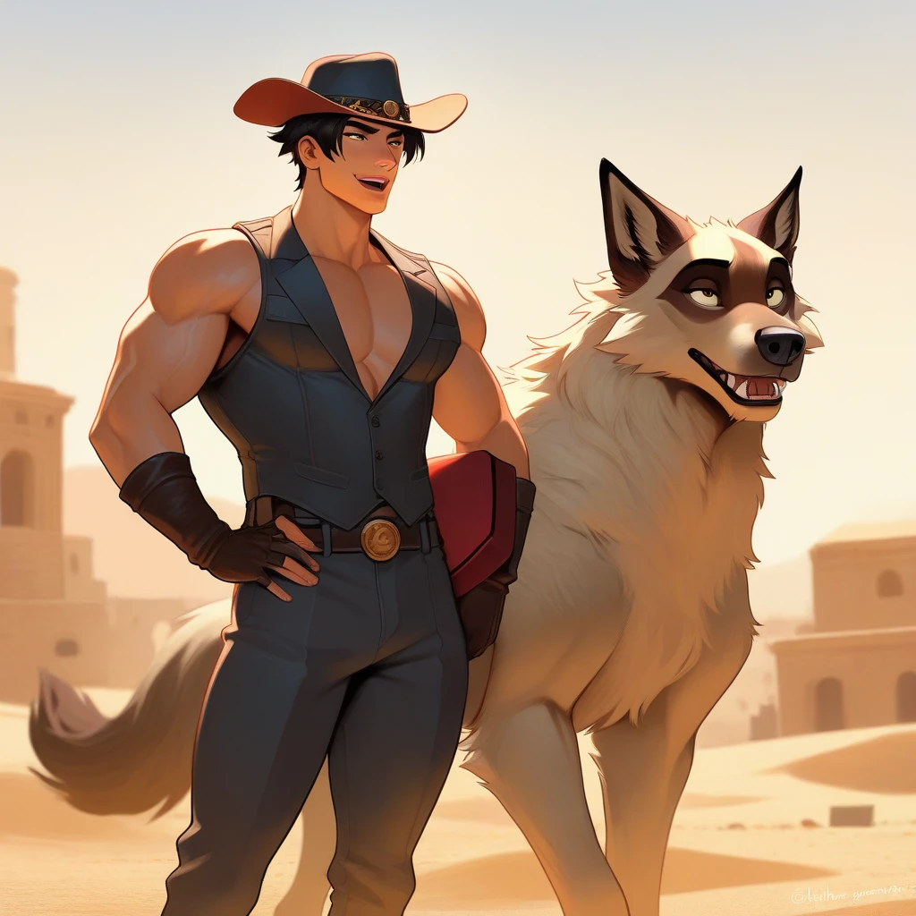 A strong muscular thin human man, detalhed face , cowboy ,with hat ,pants , Western shirt until the elbow, and vest .With a background of a western city in the desert, carring a gun ,Lightly combed short hair.,  high resolution,  best quality , detail,  super detail ,  Lips slightly separated,  Brow furrow /frowning look,  Upper Teeth, exposed canine/Exposed prey. Alta resolução, Melhor qualidade, Detalhe