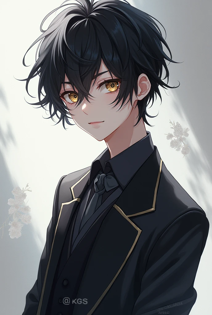 Anime boy with unrealistic beauty of Raven black hair, golden eyes, pale and lean, a bit cute and japanese, good fashion sense 
