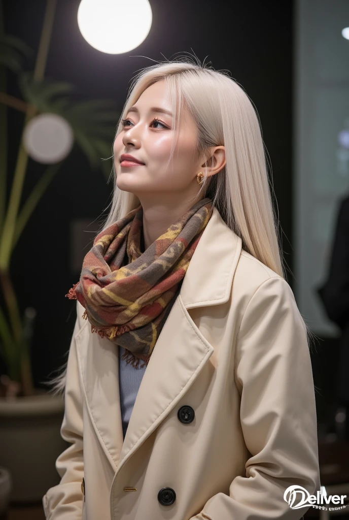 a photograph of a young Asian woman with a serene and contemplative expression. She has a light skin tone and long, straight platinum blonde hair that falls down her back. Her eyes are open, and her face is tilted upwards, suggesting a sense of happiness and contentment. She wears a soft, cream-colored coat that appears to be made of a luxurious fabric, such as cashmere or wool. Around her neck, she has a warm, plaid scarf in shades of brown, beige, and red, which adds a cozy touch to the image. The background is a blurred, dark environment with a hint of a cityscape, possibly at night, given the presence of a bright, circular light source that casts a warm glow. The light source is positioned above her, creating a sense of depth and dimension. The overall atmosphere is peaceful and introspective, capturing a moment of quiet joy and contentment. The image has a soft, dreamy quality, with a subtle texture that suggests a high-quality photograph. The colors are muted, with a focus on warm tones that evoke a sense of comfort and serenity. The woman's posture and expression convey a sense of inner peace and happiness. The image is likely from a promotional or artistic photograph, possibly from a Korean drama or film.  (no watermark), 