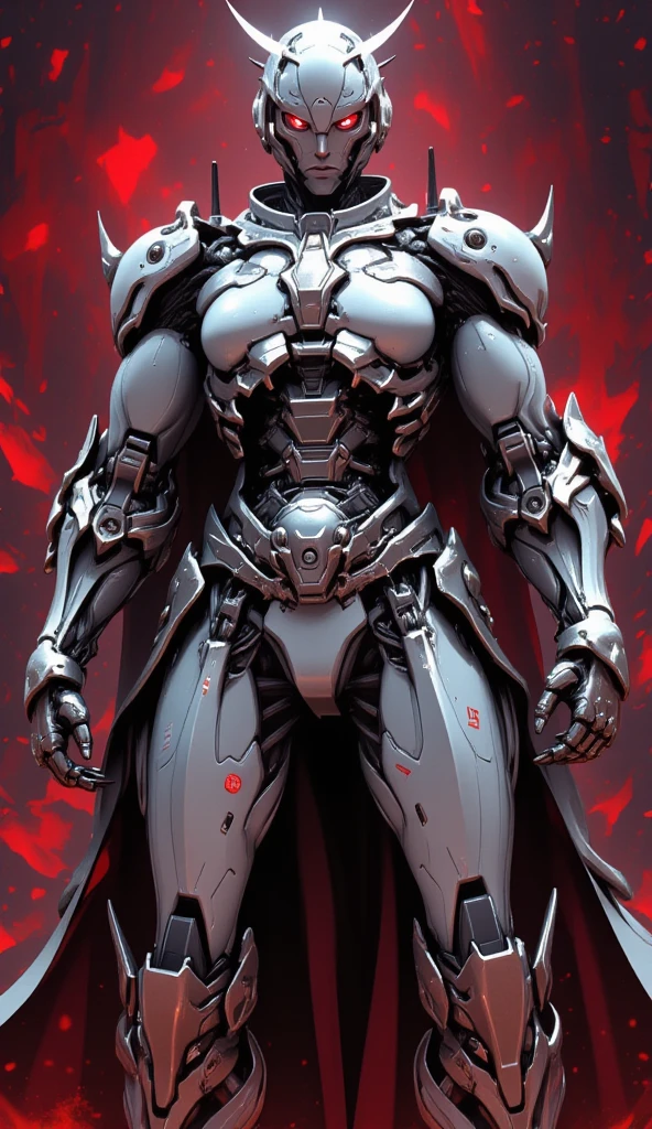 A full-body mechanized image of an adult male, possessed by a demon and serving as a holy knight commander. His robotic, muscle-developed body is clad in sacred white gold holy knight armor with deep red glowing eyes. He boldly stands in a mysterious black and red mechanical church, surrounded by countless knight followers. The composition emphasizes his majestic presence, with striking lighting casting dramatic shadows that highlight his armor and the eerie, cyberpunk atmosphere of the church. The scene blends mechanic robot, future mechanism, and cyberpunk elements, with a dark red glow intensifying the demonic aura.Big crotch bag.Clear crotch.crotch armor,mechanx.full-body picture.whole body image,nrkmp robot with metallic skin,cyborg