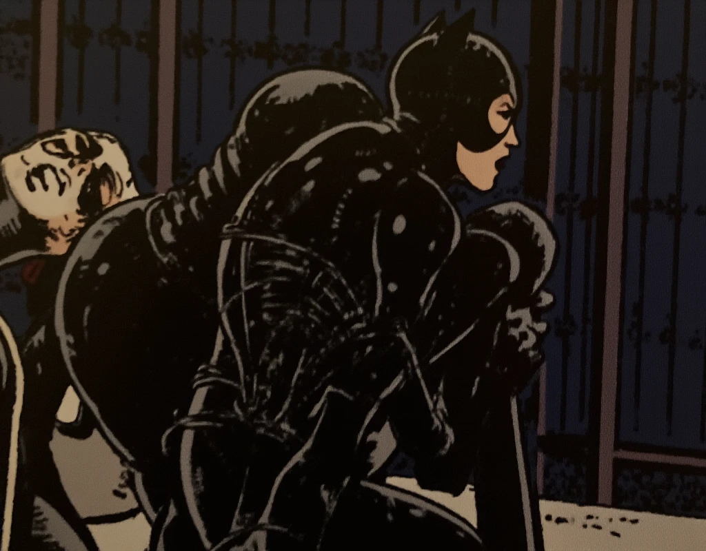 Dark and gripping comic strip, Inspired by Simon Bisley, Bane captures Catwoman and subjects her to severe mental and physical torment, Shadowy and sinister setting, Bane exerts dominance and “breaks” Catwoman with his huge cock, Panels depict the torment and intensify the situation, Catwoman shown tied up in a dimly lit dungeon, Her body contorted in painful positions, Bane's menacing presence relishing in her suffering