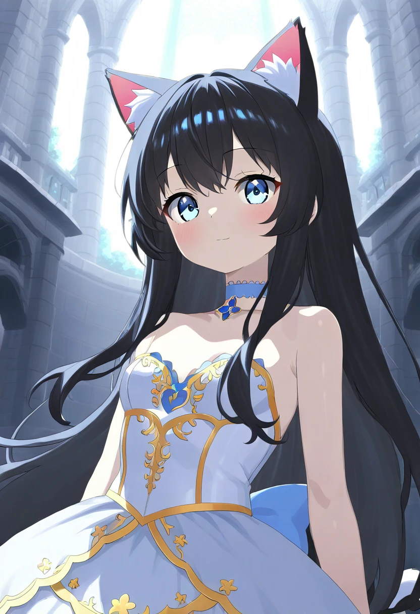  top quality 、 anime style、 1 、 slender body、 small breasts、 cat ears and tail 、Long black hair、 pale light blue choker on her neck、Fairytale wizard clothes、castle town、Smiling girl