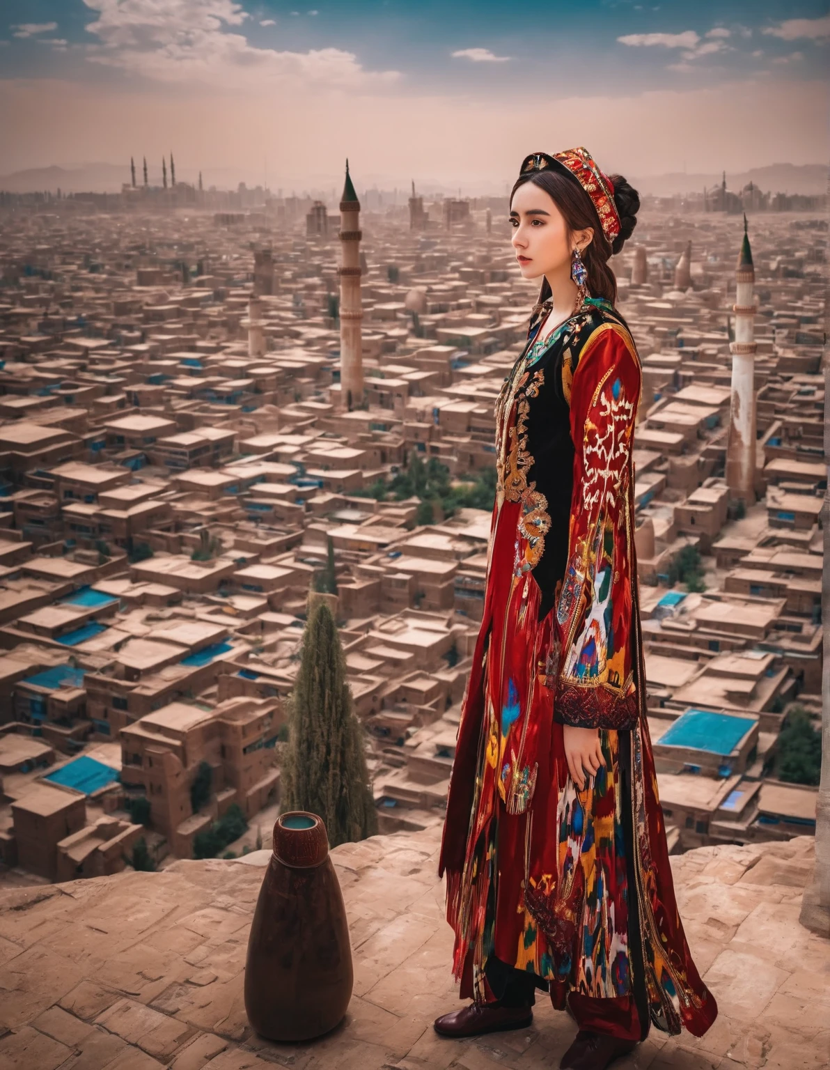  masterpiece fails,  top quality ,  1girl, wearing Uyghur national dress ,  Cyberpunk:1.5,  futuristic :1.5,  full height,  looks at the viewer,  Middle Eastern cityscape, Turkey , Turkish,  mosque