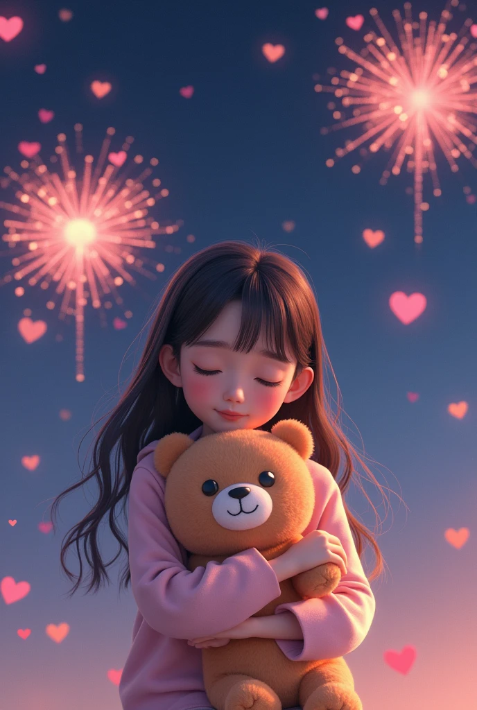  Mature girl, Hugs a Soft Toy with both hands Beautiful Soft , bright colors,  complex ,  maximum quality , 8 k,  masterpiece fails,  Lots of Details ,  better quality ,  Heart Background Beautiful With flying hearts and Fireworks, Gentle Night Environment , magic, magic, Wonderful,