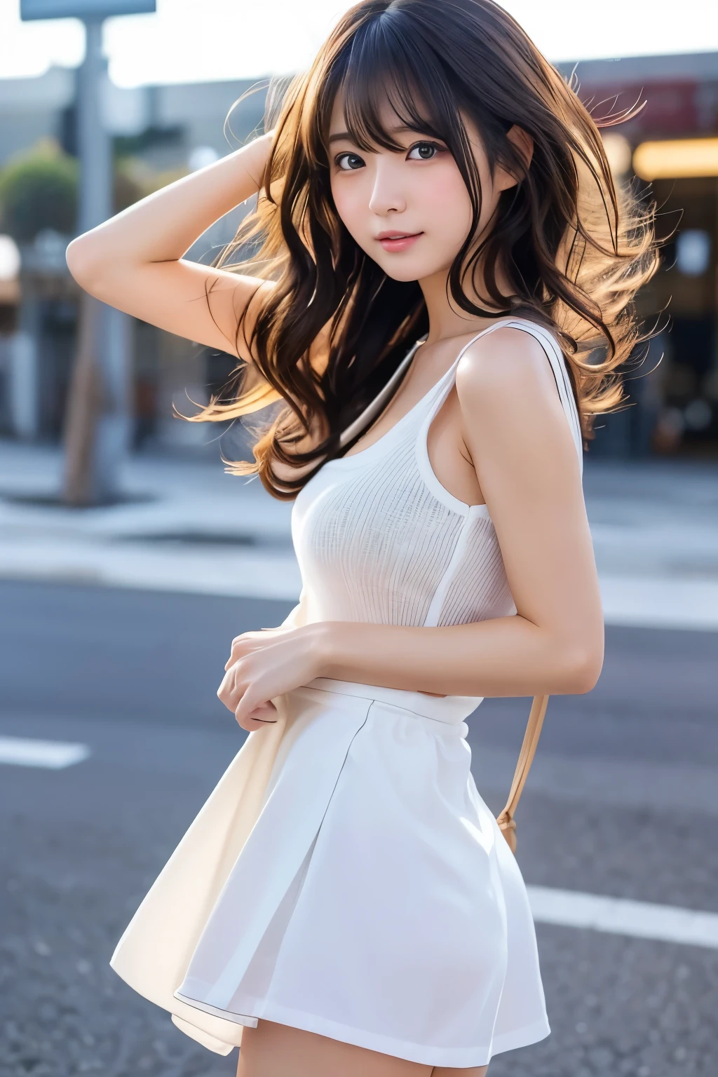 {{{Ultra Detail}}}, {{{realistic}}}, {{{depth of field}}}, full body, from side, head tilt, incredibly detailed, longuette, 1 girls, 30 years old, very long hair, curly hair, high ponytail, light brown hair, beatiful detailed hair, Perfect face, Delicate arms and hands, slim legs, white skin, piercing, oversized clothes, large top sleeves, black trousers, open clothes, cityscape, delicate background, blurry background, an extremely delicate and beautiful, {{{wallpaper 8k CG}}}, {{{best quality}}}, {{{best masterpiece}}},