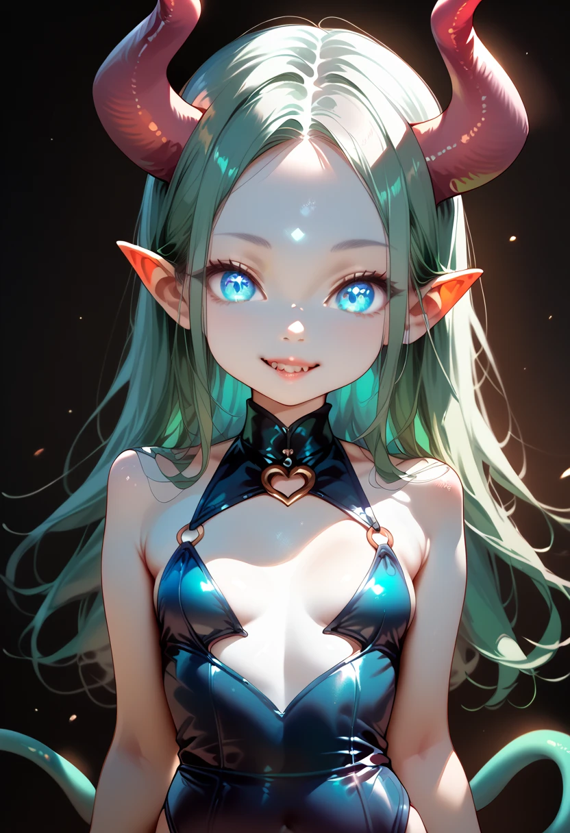 masterpiece, high definition , top quality ,8k (((toddler body,Young,cute body,small)))
(Young,succubus,small breasts,skinny,gray skin, blue eyes,glowing eyes, green hair,waist-length hair,parted bang)(succubus costume) standing
