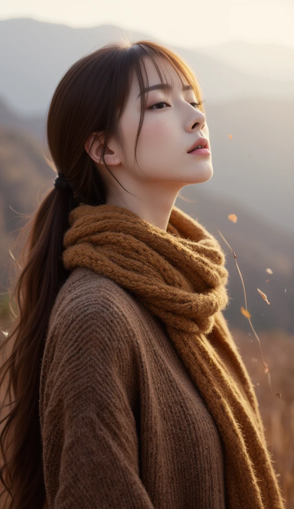 A hyperrealistic digital image of an extraordinarily beautiful East-Asian woman posing with a melancholic air. She is wearing a thick Andora wool sweater and an autumnal scarf, as she meditates with a melancholic expression, her beautiful gaze lost on the horizon. A masterpiece inspired by the unmistakable style of Volegov and Michael Garmash, overflowing with beauty and subtle sensuality. The atmosphere is peaceful and serene, evoking a sense of quiet joy and deep connection with nature. Desaturated colors, fine airbrush art, a coherent background, classy portraiture, intricate and exquisite detail and texture, low light, two-tone lighting, and soft, warm lighting.