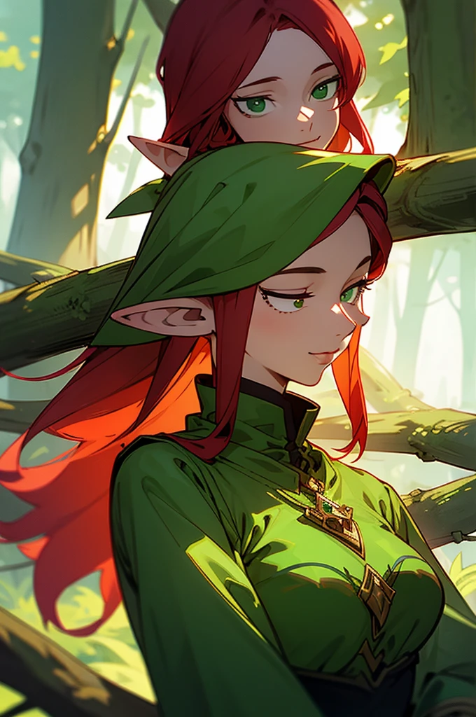  Elf girl with red hair and green eyes,  Elf girl in the middle of a forest ,  Elf girl with red hair , Green-eyed elf girl, Elfa in a forest,  Elf in the midst of trees , very detailed hair,  eyes with many details ,  perfect eyes,  very detailed eyes , well made eyes, Adult female elf , Mulher Adult female elf  em meio a uma floresta, Green effects ,  Very beautiful Elf Woman , Elfa very happy, very happy, happy woman, smiling