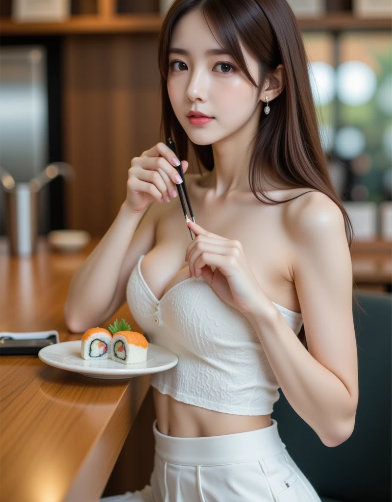 A Korean model girl is topless and eating sushi at a sushi restaurant counter、 long wavy brown hair、Big Breasts、Her thin waist has a slight amount of healthy muscles 、NSFW