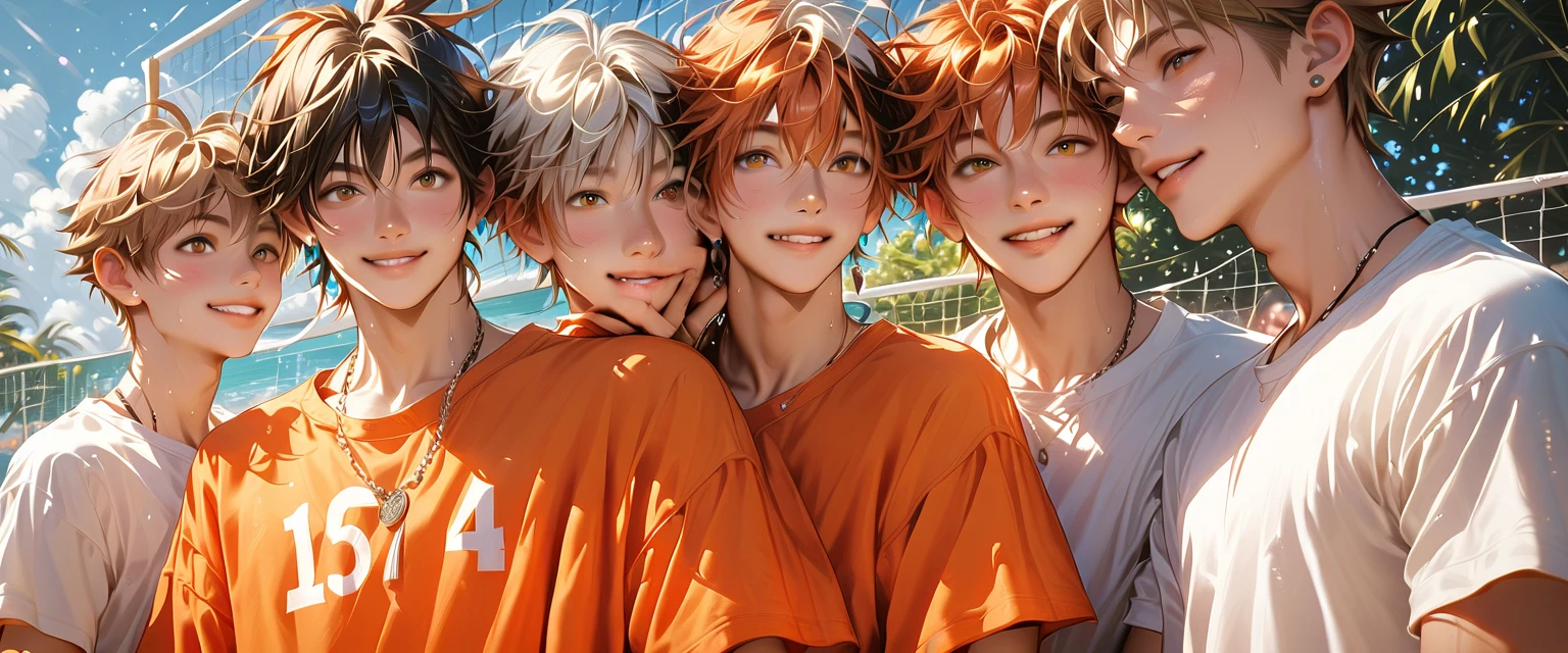 a group of completely naked young and skinny boys play volleyball together in a park. they have no hair, they are very beautiful, very young and only wear a t-shirt with happy expressions.