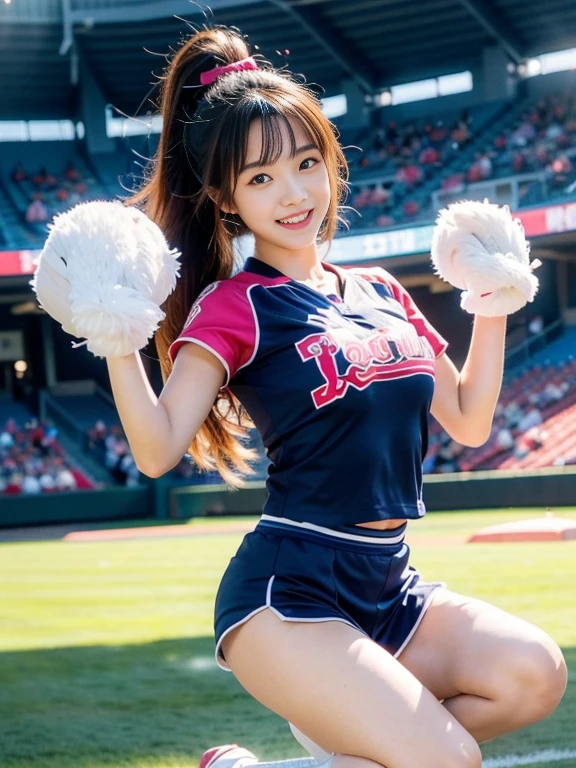 A beautiful cheerleader in a vibrant cheerleading uniform with pom-poms, performing a cheer routine in a stadium, smiling energetically.