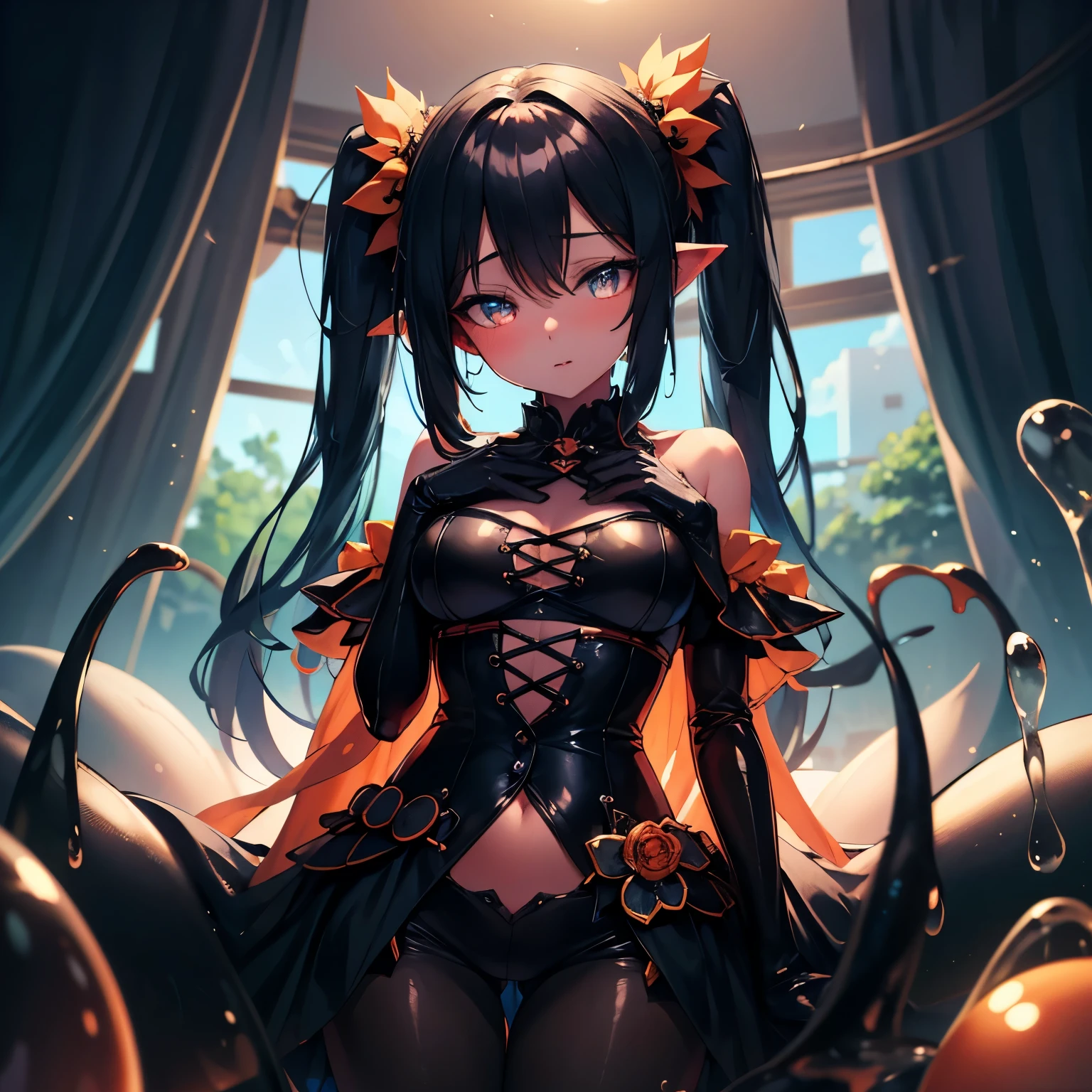 (best art,:1.3),black theme, orange theme, ultra high res, masterpiece, best quality,  slime girl,r, Anime,twintails ,Black_hair with orange tips ,Shoulder-length, blue eyes, B-cup chest, Beautiful waist, 