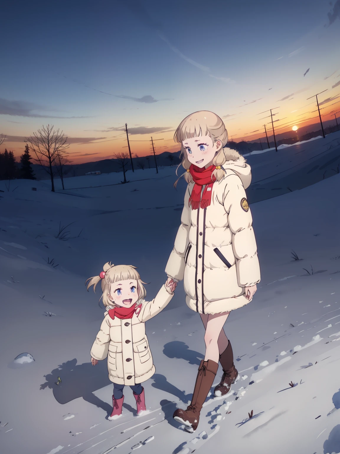 masterpiece，  top quality ， high image quality，(   super flat   ,   flat shading  )，  fisheye lens， beautiful petite trained young mother and her very adorable little trained daughter:1.25，   warm scarf ，   down jacket，(naked)， long hair, glass，  boots，smile, smile, White Breath，fun, play, winter, snow，新snow，dusk， Beautiful Sunsets ，Wide angle,   bright color , watercolor,  Ghibli style，Strong winds， Girl Temptation，