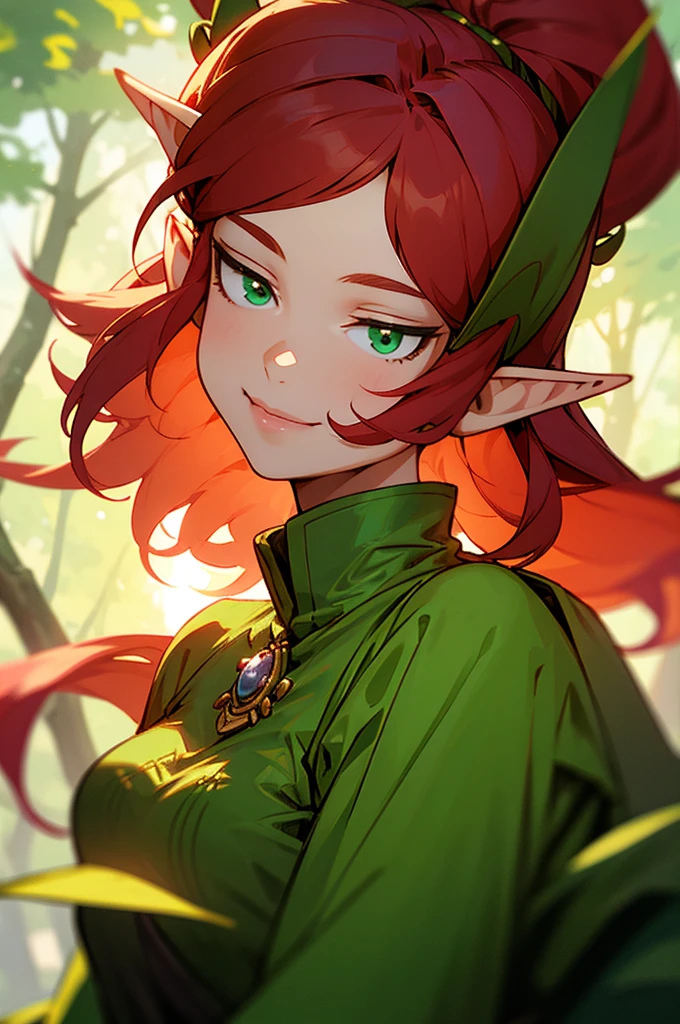  Elf girl with red hair and green eyes,  Elf girl in the middle of a forest ,  Elf girl with red hair , Green-eyed elf girl, Elfa in a forest,  Elf in the midst of trees , very detailed hair,  eyes with many details ,  perfect eyes,  very detailed eyes , well made eyes, Adult female elf , Mulher Adult female elf  em meio a uma floresta, Green effects ,  Very beautiful Elf Woman , Elfa very happy, very happy, happy woman, smiling