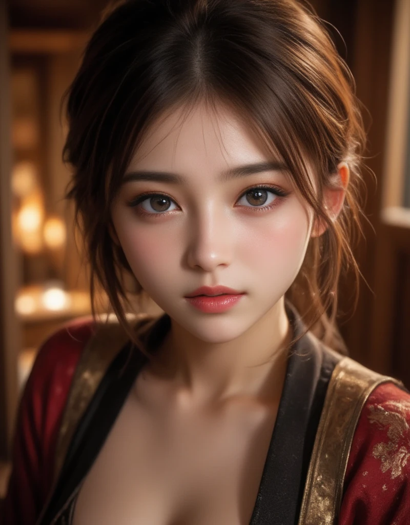 masterpiece, best quality, vibrant, very aesthetic, high contrast, photorealistic, 1girl, Beautiful, sengoku jidai, samurai, , cleavage, updo hair, intricate armor, fiery aura, japanese architecture, masterwork, raytracing, highly detailed, absurdres, masterful composition, cinematic lighting、 cinematic composition、Close-up of face