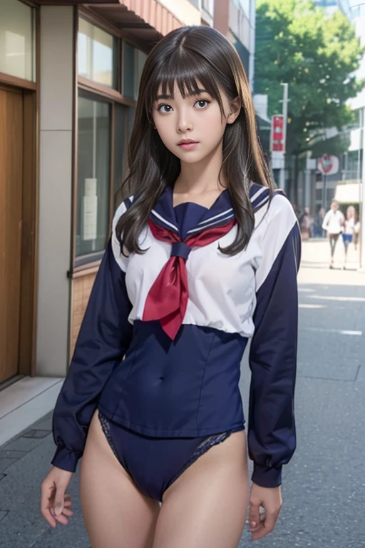 (masterpiece:1.3), (8K, Realistic, RAW Photos, Best image quality: 1.4), Japanese, (One adult girl), cute,cute、 (Lively Faces), Beautiful hairstyle, Realistic eyes, Beautiful eye details, (Realistic Skin), Beautiful skins, Charm, 超High resolution, 超Realistic, Attention to detail, Golden Ratio, (Detail Makeup:1.2), View your viewers,Tabletop, Highest quality, Very detailed, In detail, High resolution, Composition of the whole body、Open leg pose、Boldly open your legs、美しいAttention to detail目, Fitness Wear, Natural color lip,Realistic、Realistic、alone、Realistic、Highest quality、Very detailed顔、Very detailed目と顔、Beautiful and detailed、Absurd、信じられないほどAbsurd、My hair is messy、Floating Hair、Brown Hair、Wavy Hairstyle、Medium Hair、(Extremely detailed CG、8K Picture Wallpaper)、(Very delicate and beautiful)、(masterpiece)、(Highest quality:1.0)、(超High resolution:1.0)、Beautiful lighting、Perfect Lightning、Realistic Shadows、[High resolution]、Detailed skin、Very detailedな、Detailed face and eyes、Realistic eyes、Sharp pupils、Beautiful Face、plein air、Downtown Japan、Amidst the hustle and bustle、Blurred Background、Glowing Skin、Blunt bangs、Red Eye、(Sailor suit 1.2)、Sailor suits have long sleeves、Ultra HD Photos, 8K quality, Outdoor, Systemic composition, Looking into the camera, Japan Perfect Beauty, Texture with visible pores, Perfect Face, Transparent muscle, Transparent muscle, Beautiful and toned body, Muscular, thin, Small breasts, Tight ass and small breasts、Small Ass、 Bloomers (Bloomers  Japan School, Seamless Design, 単色のBloomers, Bloomers are dark blue, Exactly、Bloomers are elastic fabrics、Bloomersの長さはへそから３ｃｍThe following degrees::, )Legs wide open、、Expressionless、(Turn face to the side、)