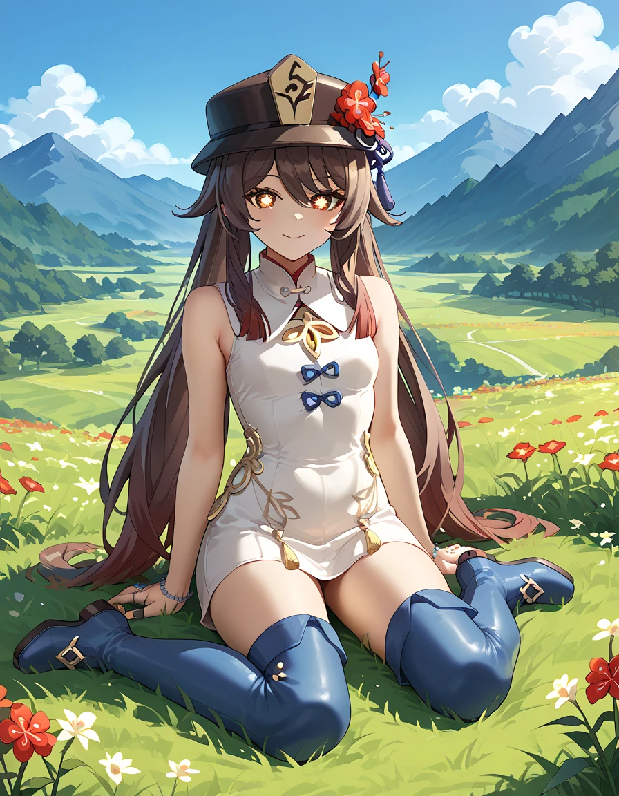 score_9, score_8_up, score_7_up, hu tao,sleeveless dress, white dress, short dress, thigh boots, blue footwear, sitting, on ground, looking at viewer, scenery, mountains, grass, flower field,
