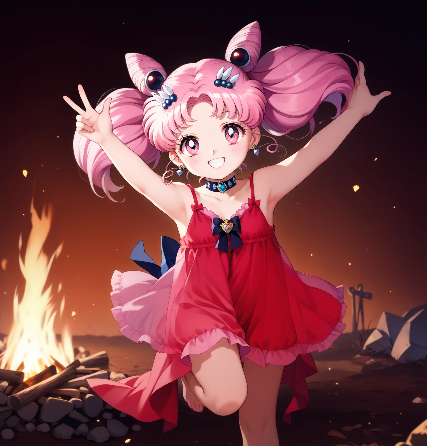 Crystal Movies Style, chibiusa, cone hair bun, double bun, hair ornament, pink eyes, pink hair, short hair, twintails, circlet, parted bangs, bow, brooch, choker, earrings, naked negligee, Pastel colors negligee, thin negligee, thin harem pants, arm up, outstretched arm, knee up, standing on one leg, (happy, smile, )tambourines, darknight, bonfire, reflecting red light,Wasteland,
